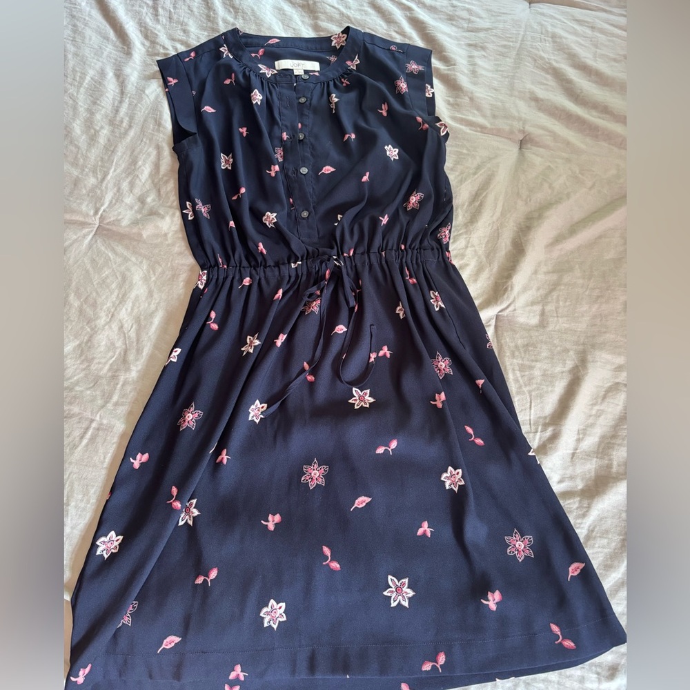 Navy Floral Drawstring Sleeveless Dress